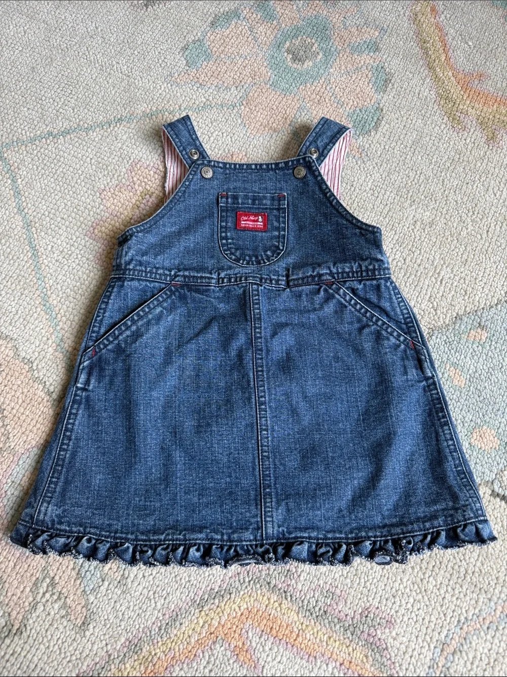 Old Navy Dark Blue Denim Overall Dress with Red Logo Patch